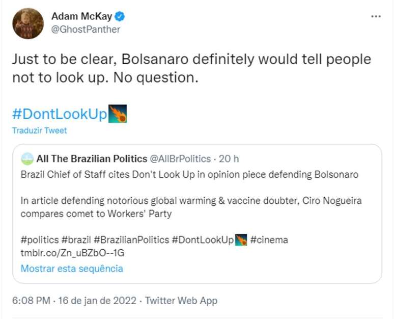 Diretor Adam McKay reagiu à provocação menção de Ciro Nogueira, ministro-chefe da Casa Civil, para quem o PT seria um cometa prestes a colidir com o Brasil.