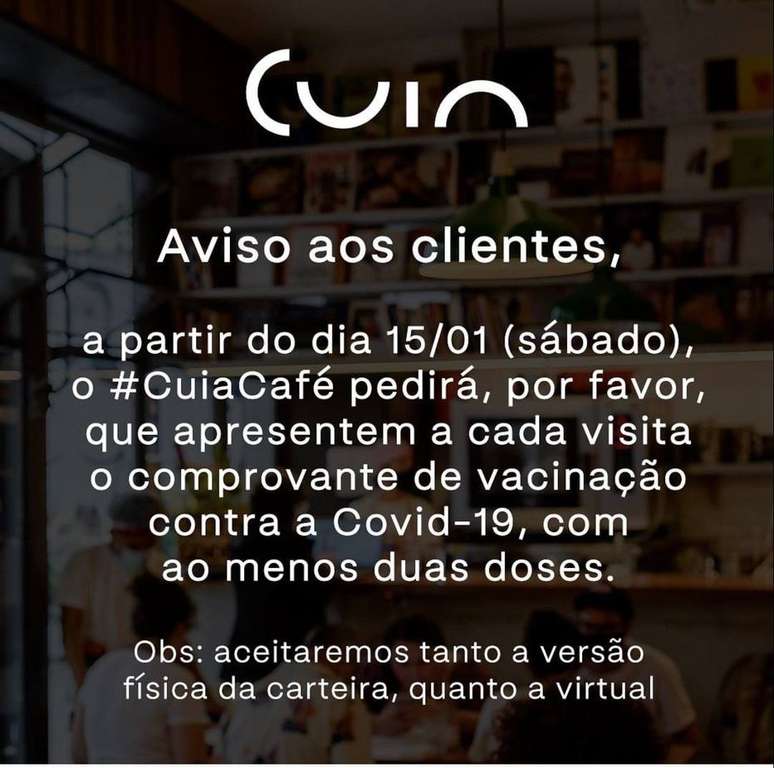 Comunicado no Instagram do Cuia Café sobre a exigência de passaporte vacinal