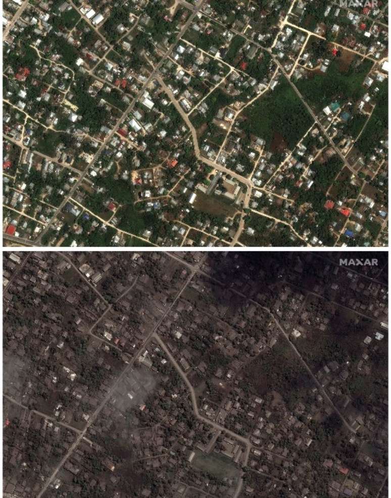 Casas em Tonga em 29 de dezembro (imagem de cima) e, abaixo, em imagem registrada em 18 de janeiro ap&oacute;s a explos&atilde;o.
