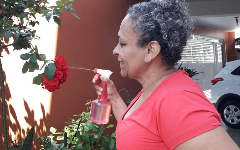 Água da chuva é usada para limpar o quintal e regar as plantas na casa de José e Margarida