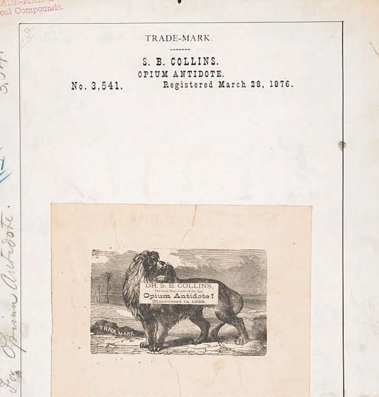 Supostas curas para depend&ecirc;ncia se transformaram em uma ind&uacute;stria milion&aacute;ria. Produtos como o &ldquo;ant&iacute;doto&rdquo; S. B. Collins (na foto) eram anunciados nos jornais