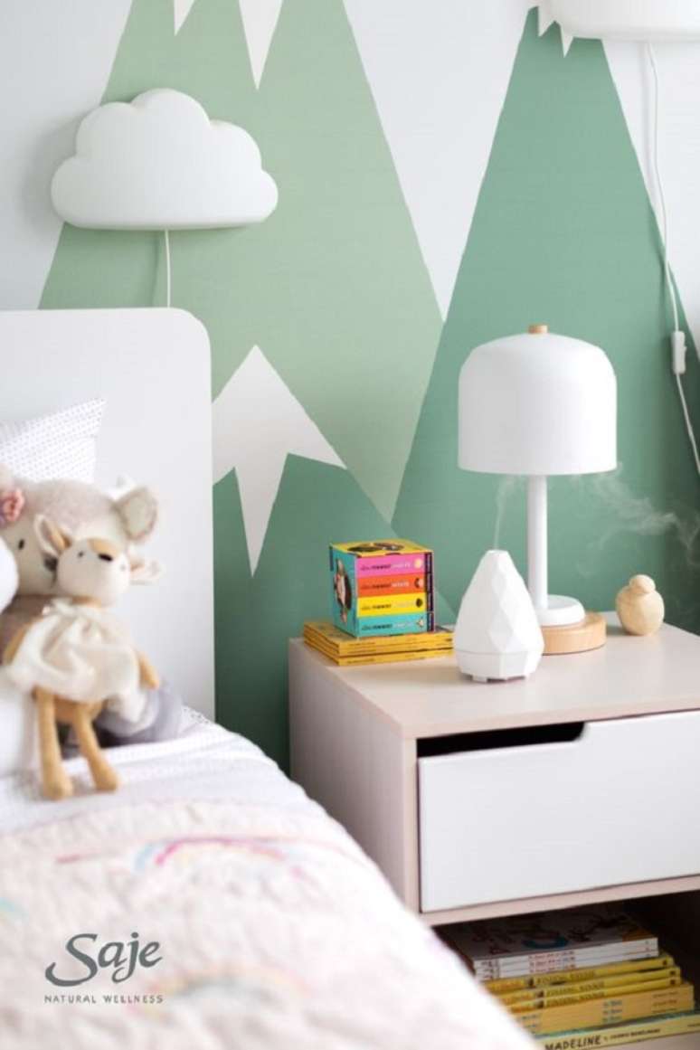 30. Quarto infantil com papel de parede verde água e branco – Foto Saje Wellnes