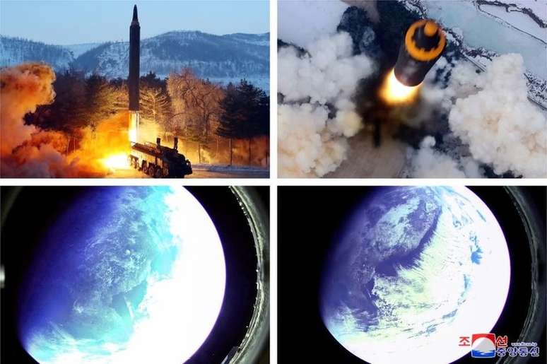 Imagens divulgadas pela agência de notícias norte-coreana mostram o lançamento do míssil e fotos tiradas do míssil no espaço