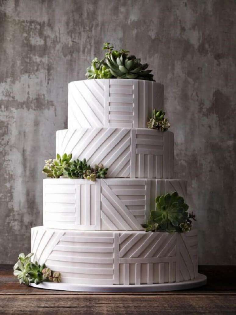 64. Modelo moderno de bolo fake de casamento decorado com suculentas &ndash; Foto: L&aacute;pis de Noiva
