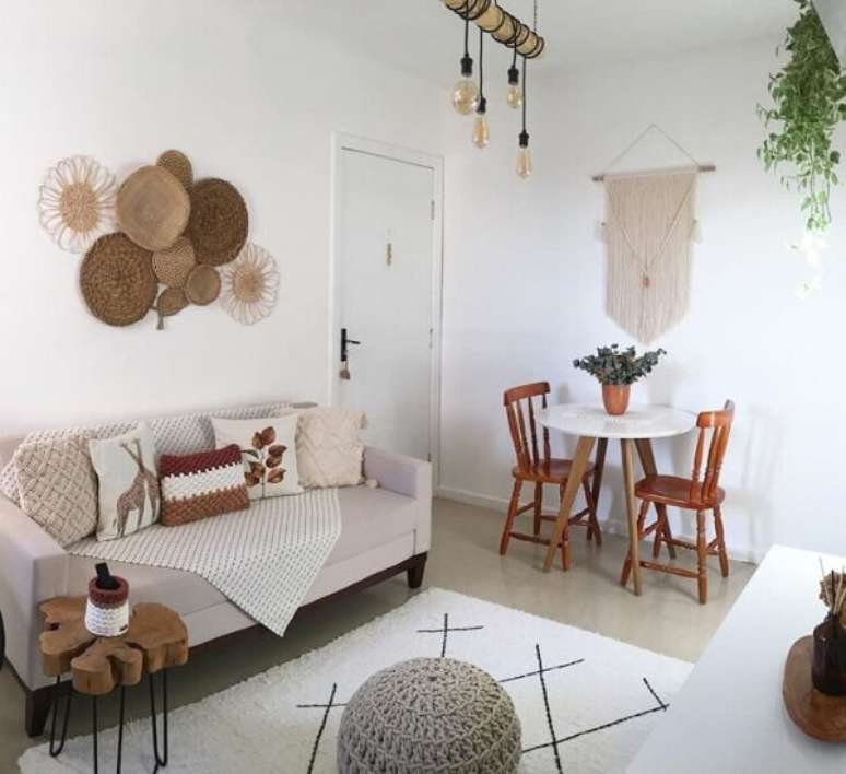 69. Sala com macram&ecirc; parede bege &ndash; Foto Morada da Erica