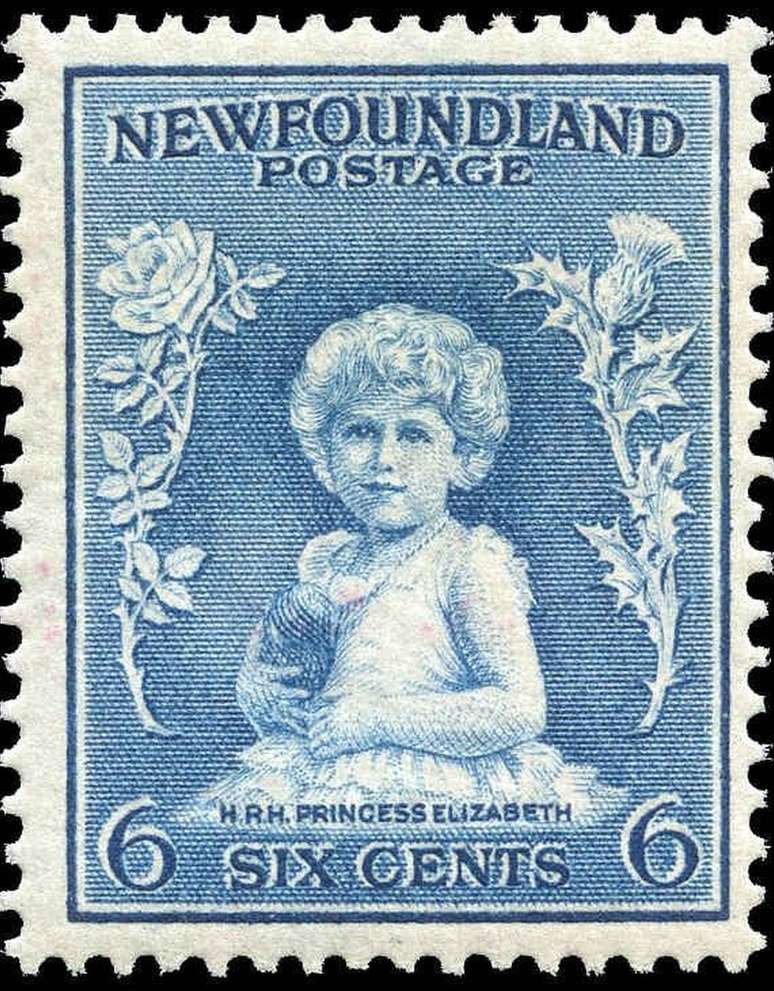 Jovem princesa Elizabeth em um selo de seis centavos da Newfoundland em 1932