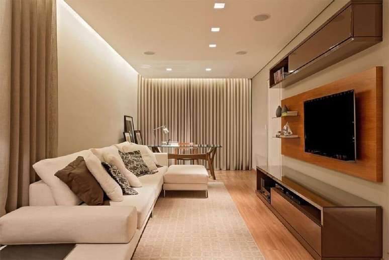 3. Cores neutras para decora&ccedil;&atilde;o de sala de TV clean &ndash; Foto: Leds Arquitetura