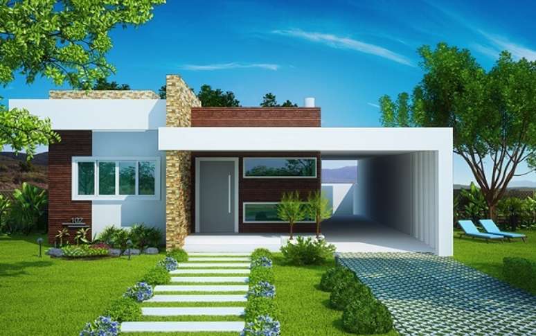 55- A platibanda recebe revestimentos de madeira, pedra e tinta. Fonte: Construção e Design
