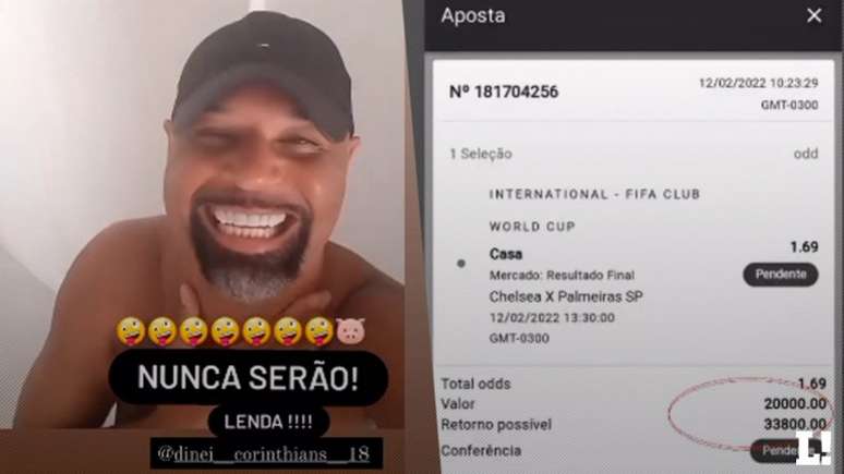 Dinei apostou R$ 20 mil na final e ganhou após triunfo do Chelsea (Fotos: Reprodução / Instagram)