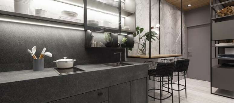 48. Cuba gourmet pequena para cozinha cinza e moderna &ndash; Projeto Daniela Viana e Lilian Maravai Arquitetura