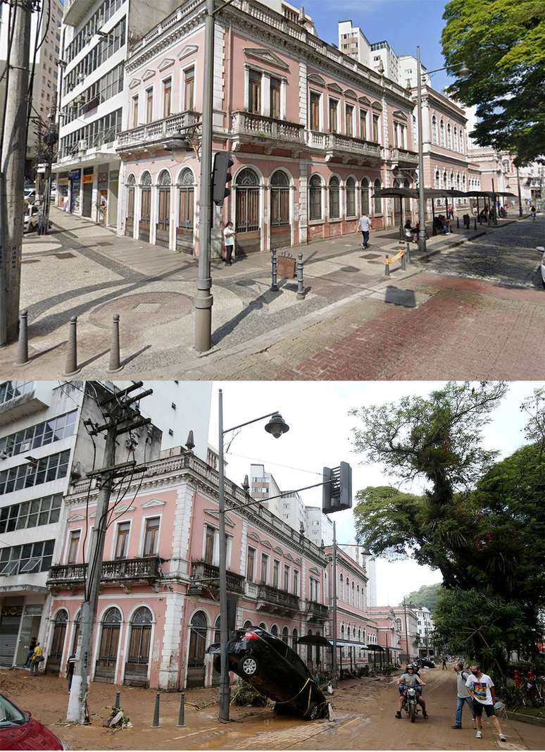 Carro ficou preso em poste na Rua do Imperador, no centro histórico de Petrópolis