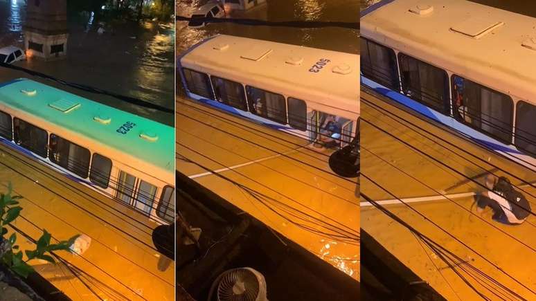 Imagens registrada pelo dentista Lucas Riba mostram passageiros em ônibus tomado pela enchente
