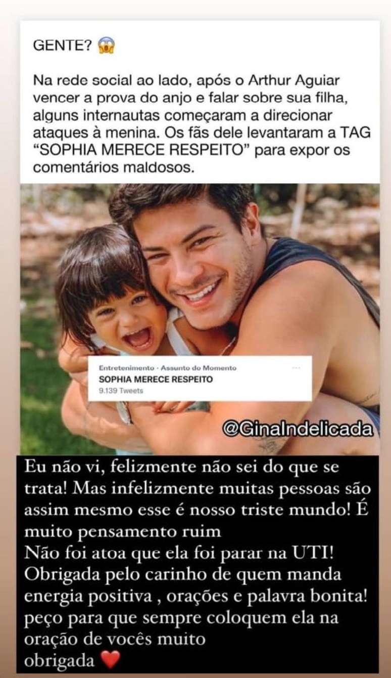 Stories publicado no perfil de Maíra Cardi sobre os ataque à sua filha.