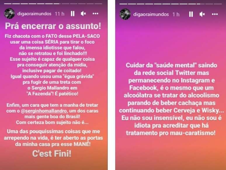 Cantor dos Raimundos nega ter feito chacota com saúde mental de Tico Santa Cruz.  