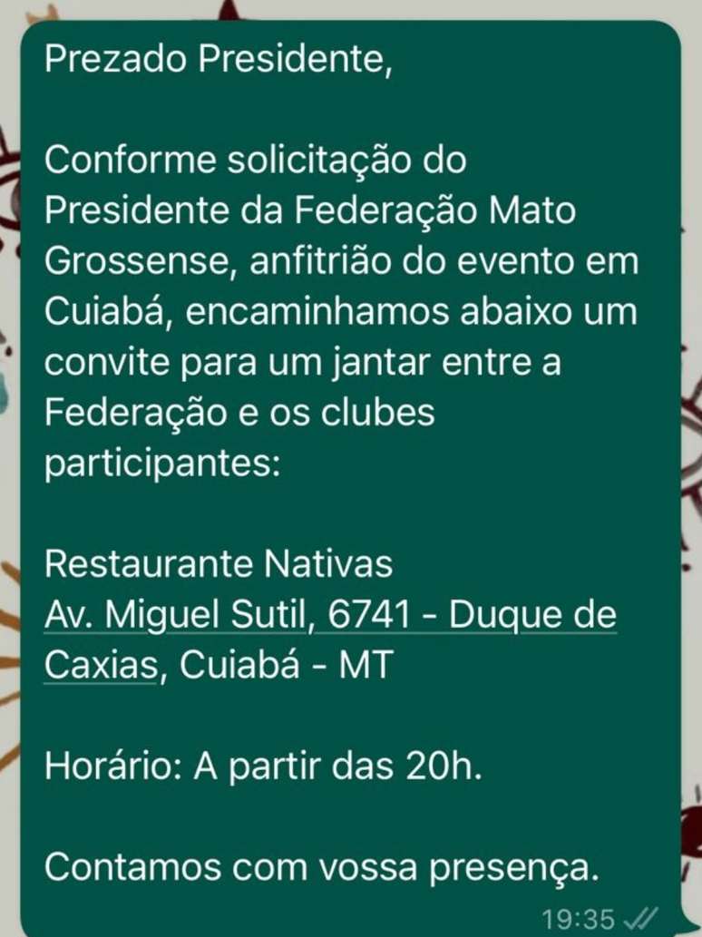 Convite para jantar oferecido pela Federação de Futebol do MT e recusado por Fla e Atlético-MG