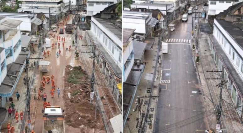 Antes e depois da limpeza na Rua Teresa, uma das principais vias de Petrópolis 