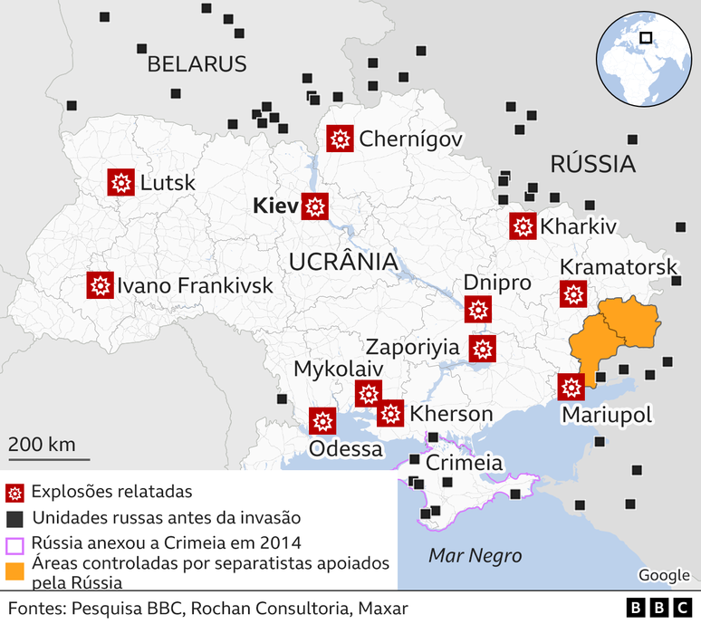Mapa mostrando ataques aéreos