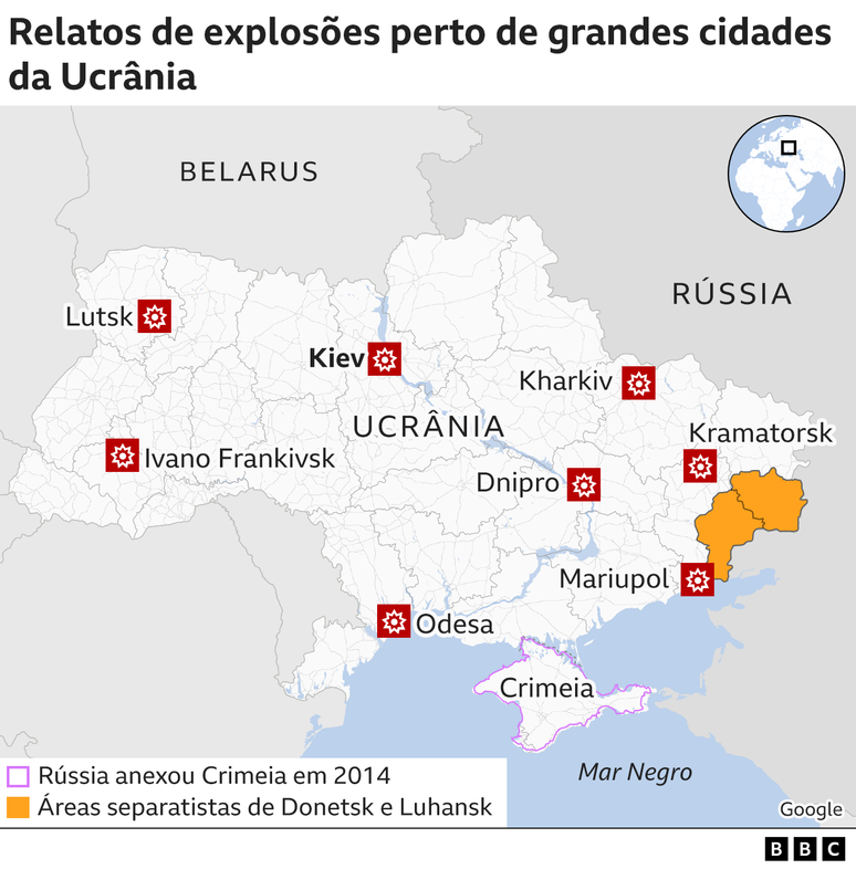 mapa com relatos de explosões em cidades ucranianas