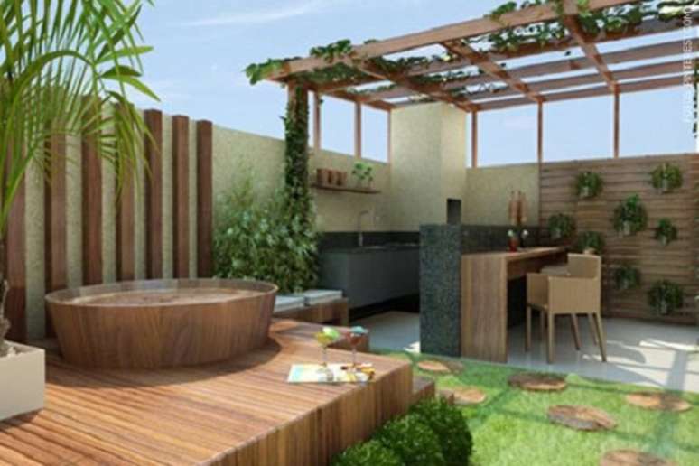 36. Cobertura para pergolado com churrasqueira gourmet e ofuro na parte externa &ndash; Foto Dcore Voce