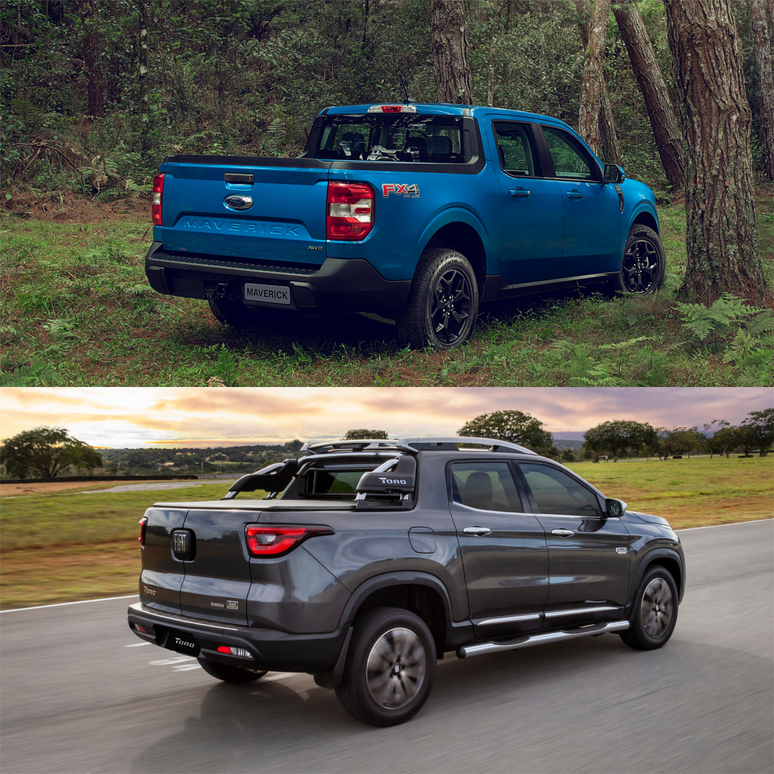 Fiat Toro e Ford Maverick: caçamba da picape americana é maior.