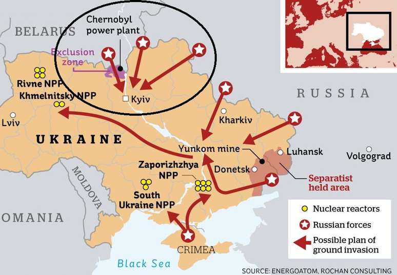 Mapa mostra como rota por Chernobyl encurta o caminho até Kiev