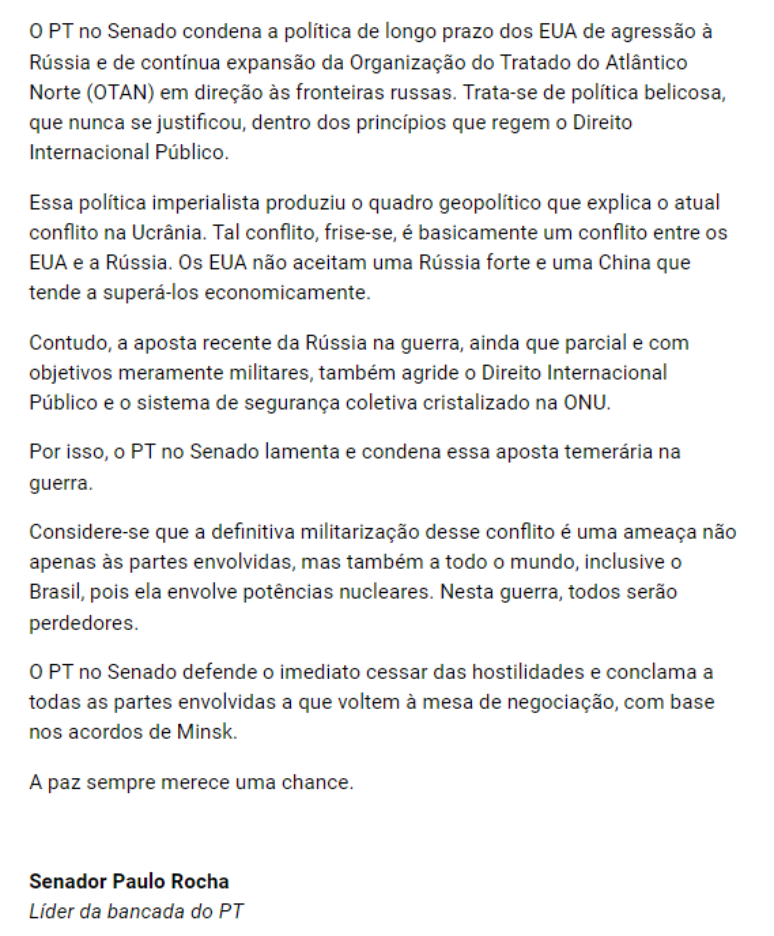 Nota publicada pela bancada do PT no Senado, posteriormente apagada e desautorizada