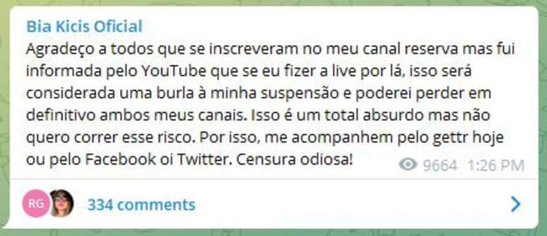 Deputada voltou atr&aacute;s na decis&atilde;o de utilizar uma conta reserva, ao ser informada pela plataforma que poderia receber uma suspens&atilde;o definitiva.&nbsp;