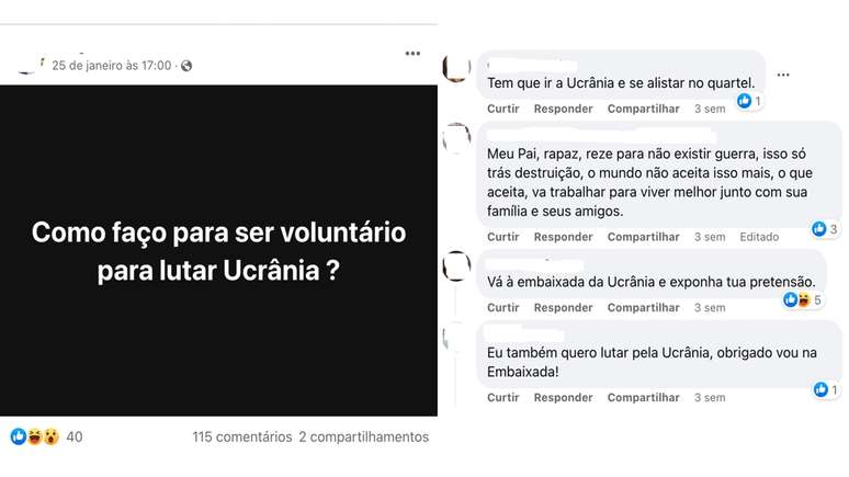 Brasileiro procura perfil da Embaixada da Ucrânia em Brasília em rede social em busca de informações sobre como participar da luta contra os russos