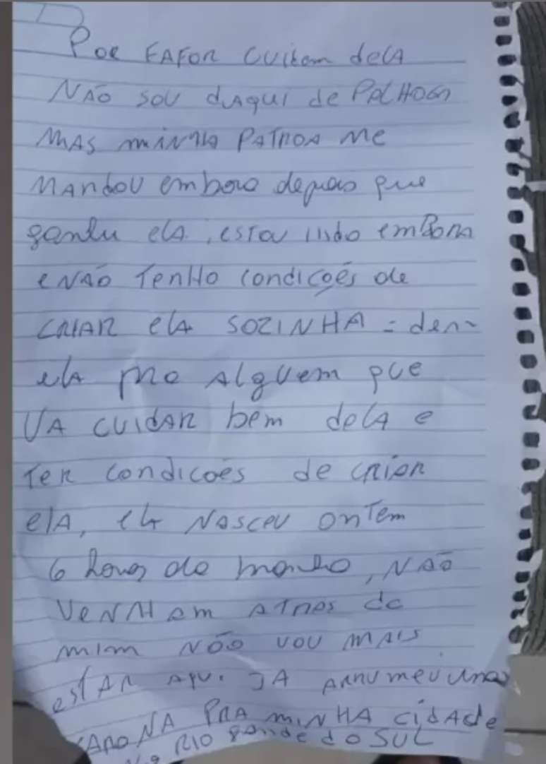 A m&atilde;e deixou uma carta junto com a filha