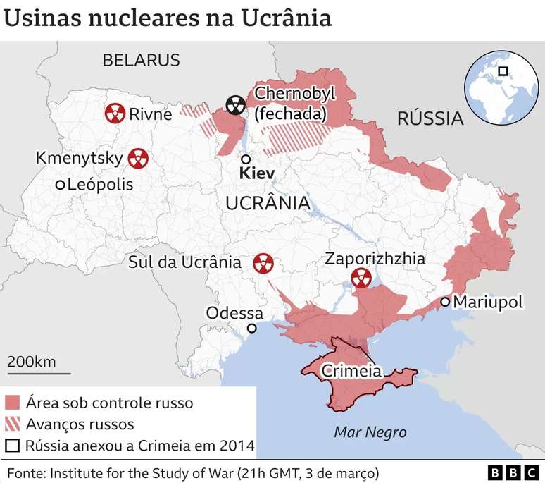 Mapa de usinas nucleares na Ucrânia