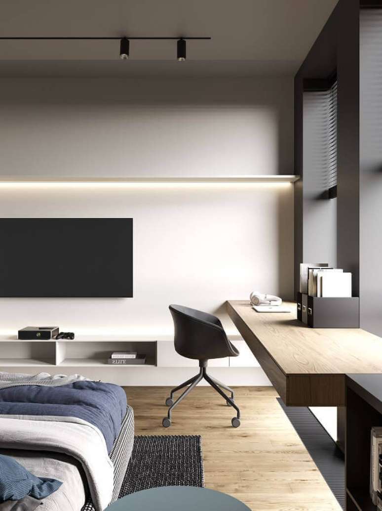 24. Decora&ccedil;&atilde;o moderna com m&oacute;veis para home office no quarto planejado &ndash; Foto: Behance