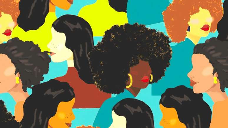 Ilustração apresenta mulheres em perfil de diferentes cores e características