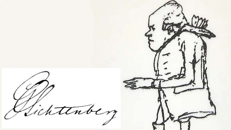 Assinatura de Lichtenberg e desenho que aparecem em um im&atilde; de geladeira vendido como souvenir em Gotinga