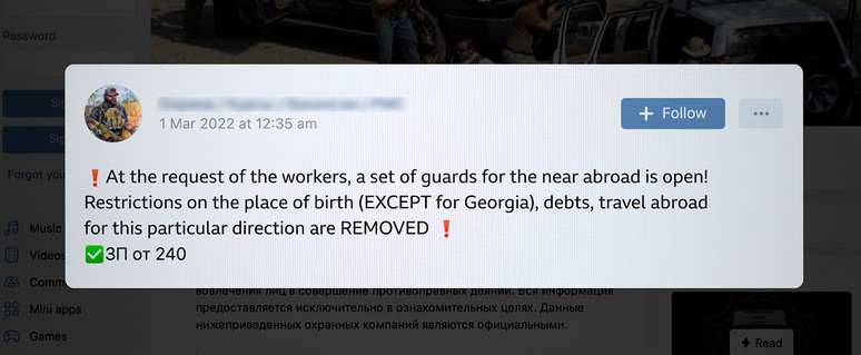 Anúncio para recrutamento de mercenários na rede social russa VK