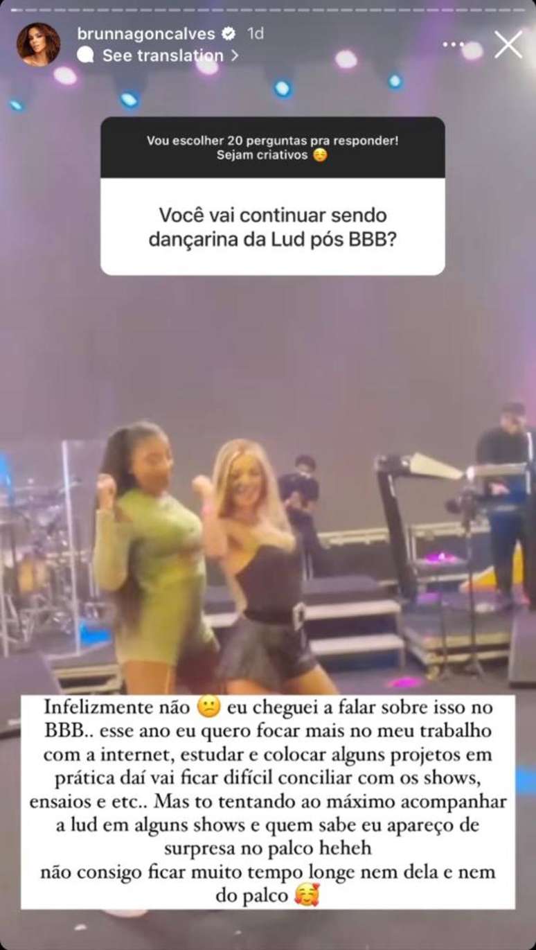 Brunna Gonçalves fala sobre deixar o elenco de dançarinas de Ludmilla.