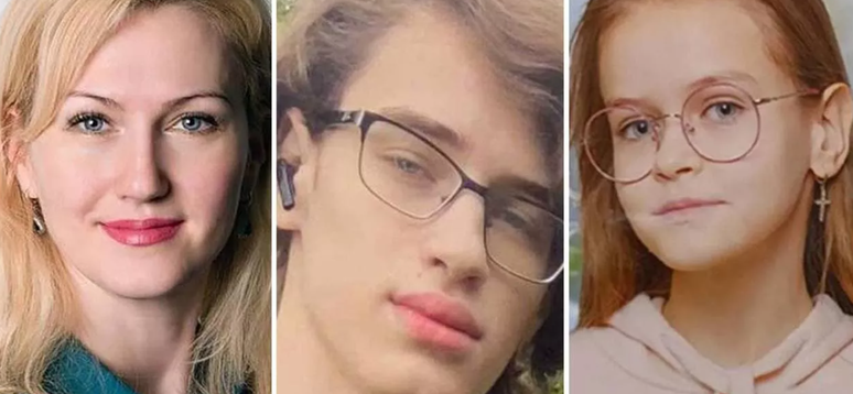 A fam&iacute;lia de Serhiy: Tatiana Perebyinis e os filhos Nikita, de 18 anos, e Alise, de apenas nove anos.