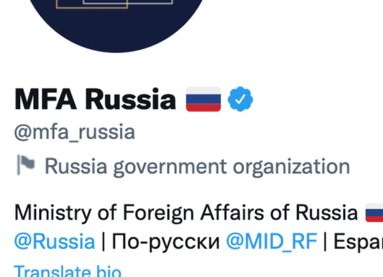 A conta do Minist&eacute;rio das Rela&ccedil;&otilde;es Exteriores da R&uacute;ssia, verificada pelo Twitter