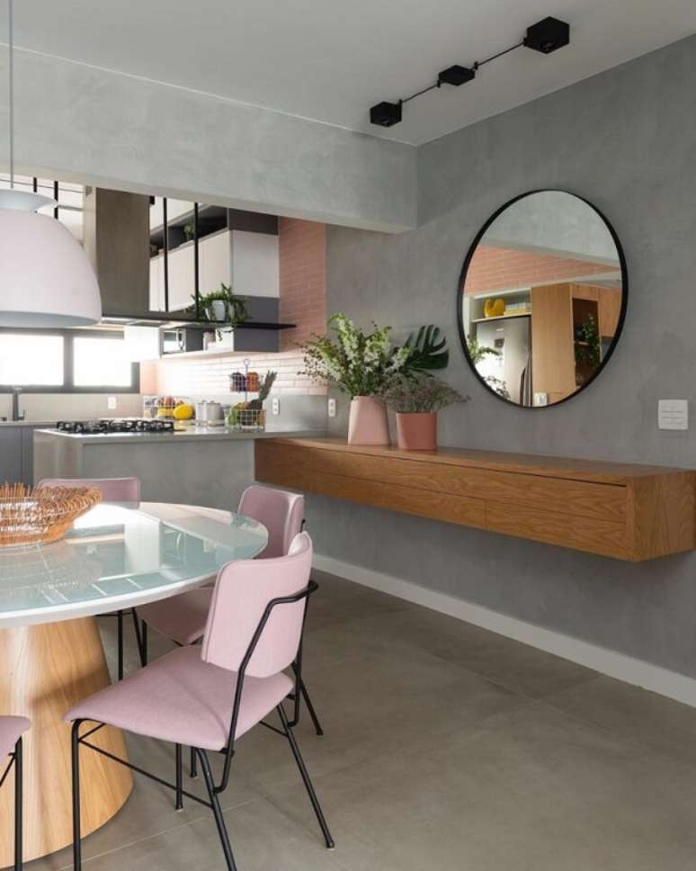 20. Porcelanato para sala cinza e rosa &ndash; Foto Duda Senna Arquitetura