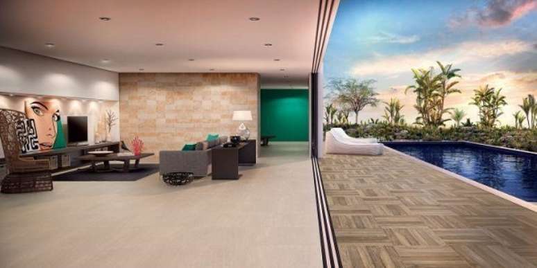 57. Casa com porcelanato para sala que imita madeira &ndash; Foto Eliane