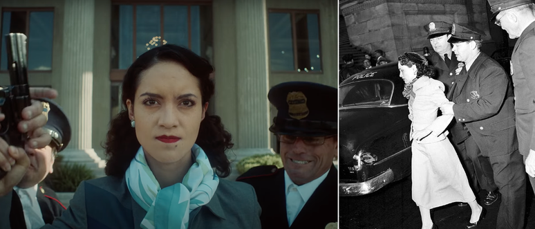 A Lolita das cenas iniciais do clipe e a ativista real sendo presa em 1954