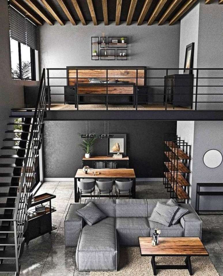 38. Sala de estar com estrutura de mezanino met&aacute;lico &ndash; Foto Juliano Duarte