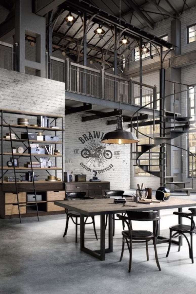 38. Sala industrial com mezanino met&aacute;lico e escada caracol &ndash; Foto KAre