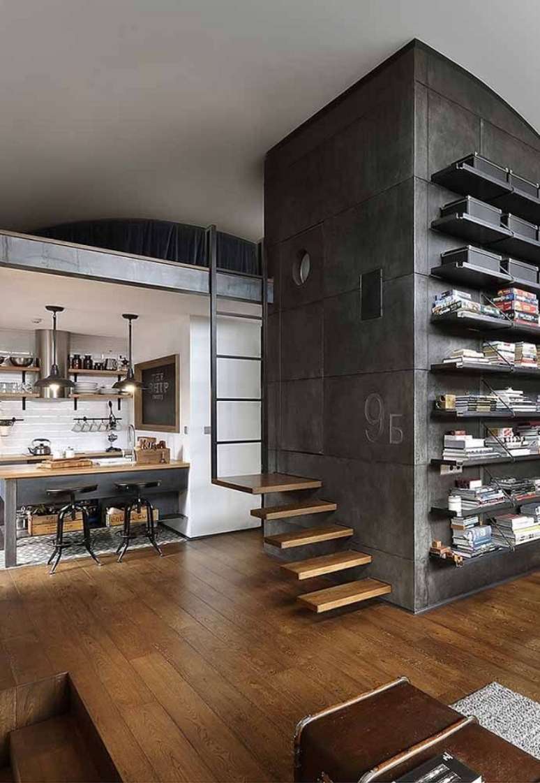 17. Loft pequeno com mezanino met&aacute;lico acima da cozinha &ndash; Foto Decor Facil