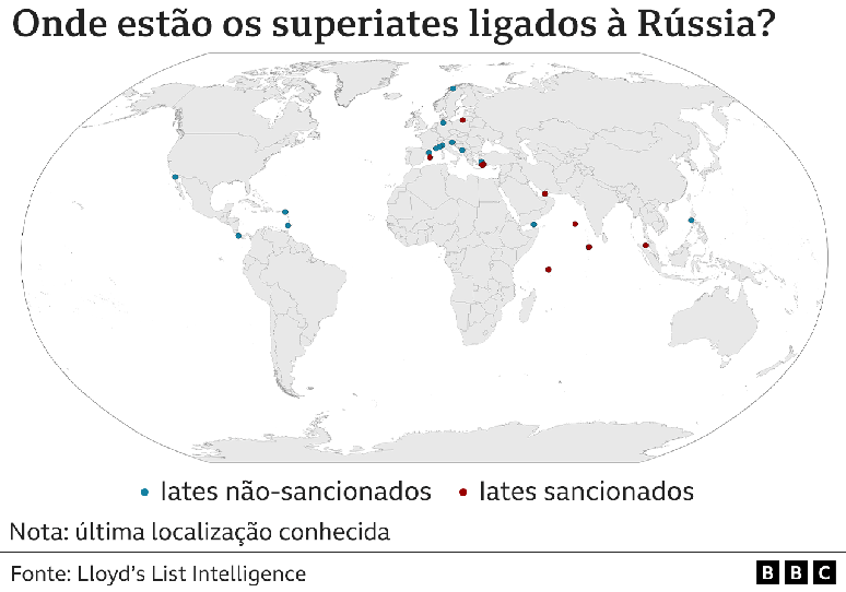 Mapa mostra localiza&ccedil;&atilde;o de iates ligados a russos sancionados e n&atilde;o-sancionados no mundo