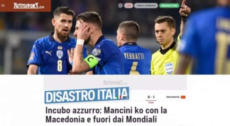 L'Italia perde 1-0 contro la Macedonia del Nord ed è eliminata dai prossimi Mondiali (Foto: Riproduzione/TuttoSport)