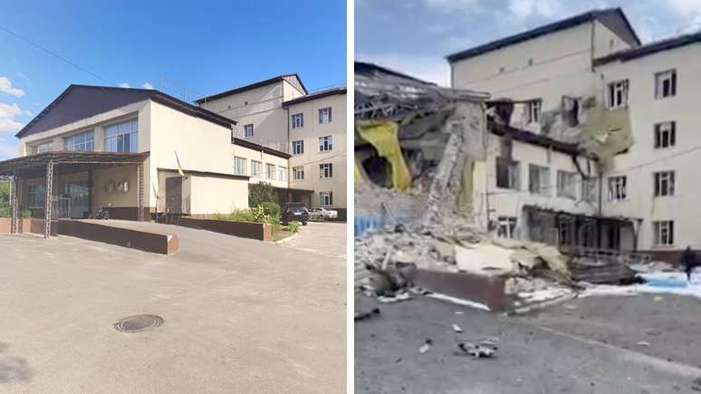 O hospital central Izyum em agosto de 2021 e após o ataque em 8 de março de 2022