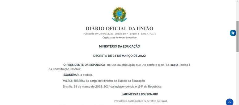 A exoneração 'a pedido' do ministro foi publicada em edição extra do Diário Oficial nesta segunda-feira, 28.