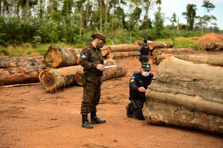 Agentes da Polícia Federal em operação contra a extração ilegal de madeira da Floresta Amazônica