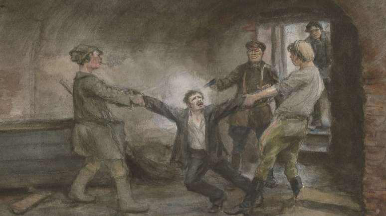 Ilustração de um homem sendo executado na Rússia pela polícia bolchevique