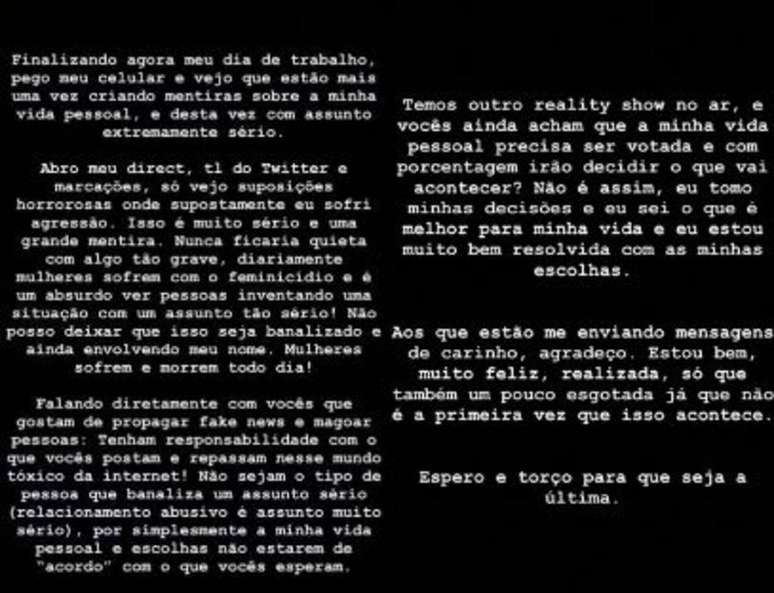 Carla Diaz usou os Stories do seu perfil no Instagram para desmentir informações de que teria sido agredida e aproveitou para alertar as pessoas que propagam fake news.